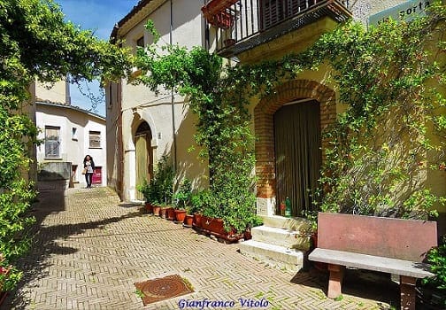 Scorcio di una stretta e ripida viuzza medievale nel centro storico di Pietracupa, Molise, con scalinate in pietra e facciate fiorite.